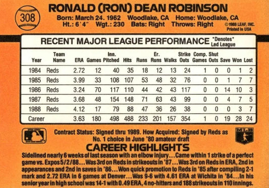 1989 Donruss Ronald (Ron) Dean Robinson Baseball Card #308