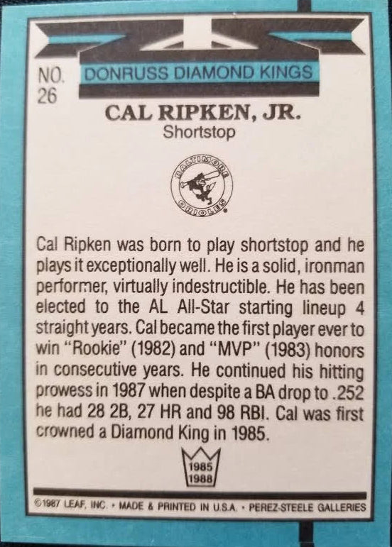 1987 Donruss Diamond Kings Cal Ripken J.R. Baseball Card #26