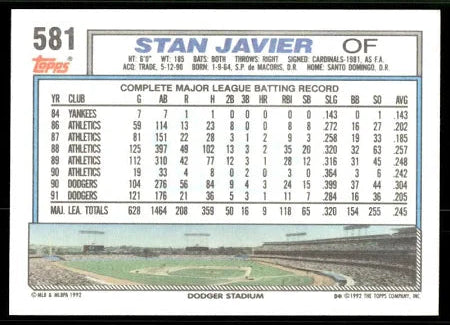 1992 Topps Stan Javier Baseball Card #581