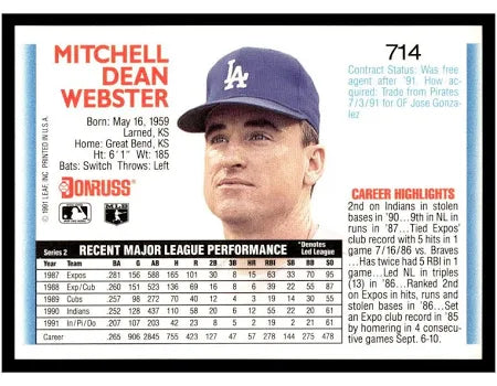 1992 Donruss Mitchell Dean Webster Baseball Card #714
