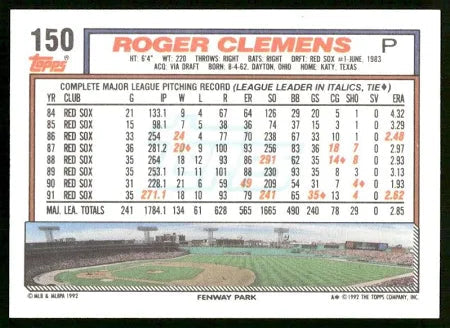 1992 Topps Roger Clemens Baseball Card #150