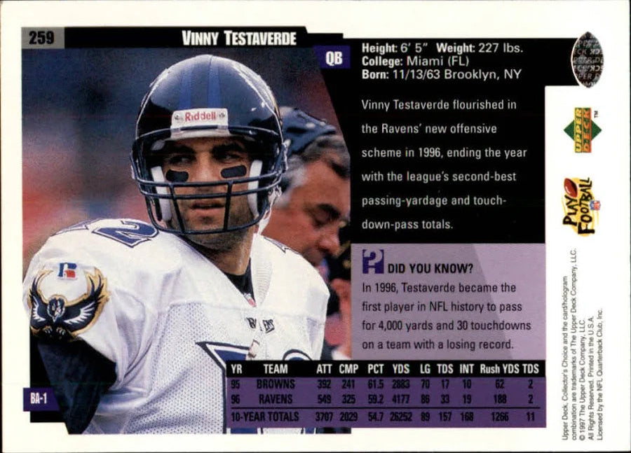 1997 Upper Deck Vinny Testaverde Football Card #259