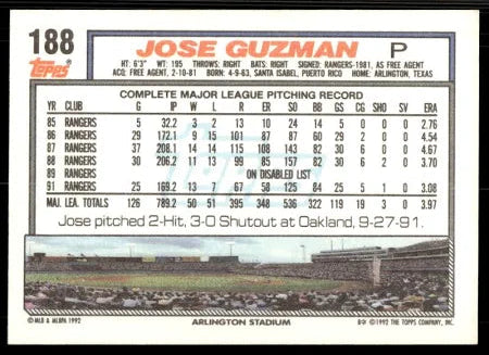 1992 Topps Jose Guzman Baseball Card #188