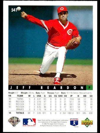 1993 Upper Deck Jeff Reardon Baseball Card #541