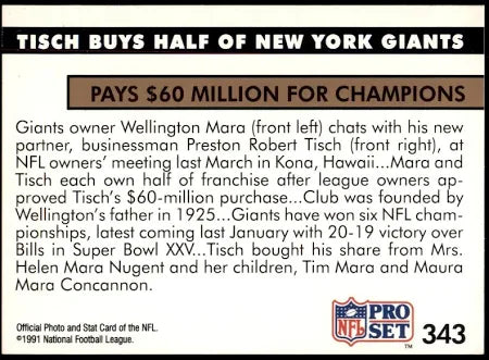 1991 NFL Pro Set Tish Buys Half of New York Giants Pays $60 Milliion For Champions Football Card #343