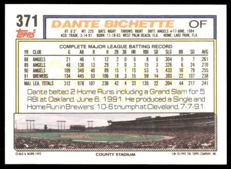 1992 Topps Dante Bichette Baseball Card #371