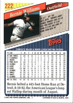 1993 Topps Bernie Williams Baseball Card #222