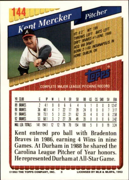 1993 Topps Kent Mercker Baseball Card #144