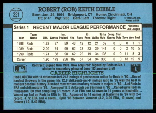 1991 Donruss Robert (Rob) Keith Dibble Baseball Card #321