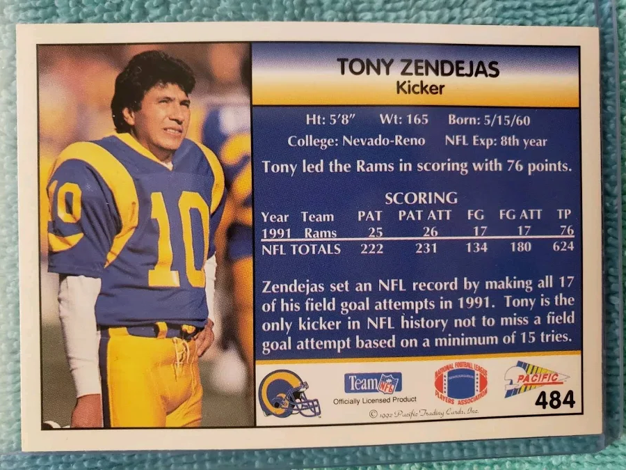 1992 Pacific Tony Zendejas Football Card #484