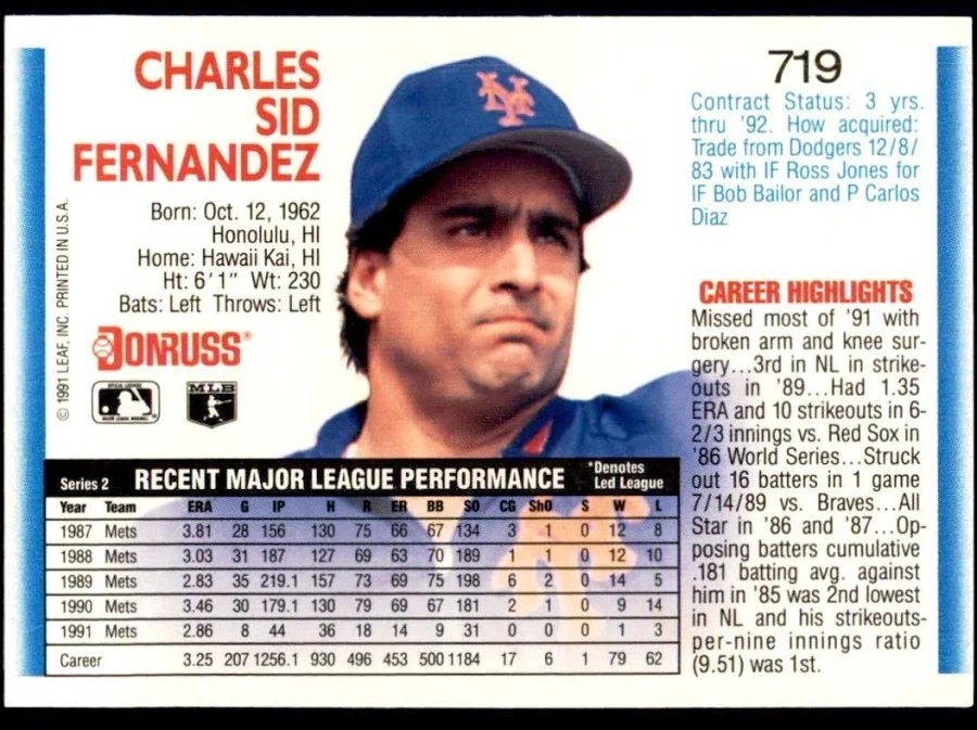 1992 Donruss Charles Sid Fernandez Baseball Card #719