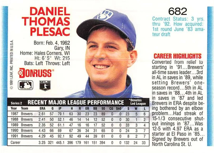 1992 Donruss Daniel Thomas Plesac Baseball Card #682