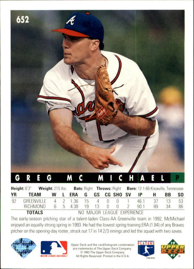1993 Upper Deck Greg McMichael Baseball Card #652