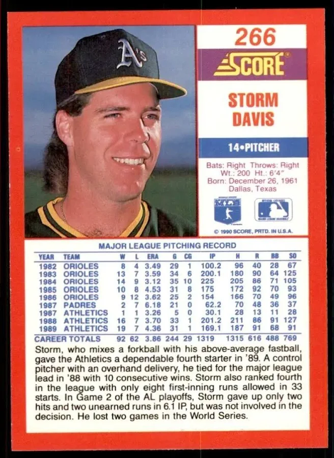 1990 Score Storm Davis Baseball Card #266
