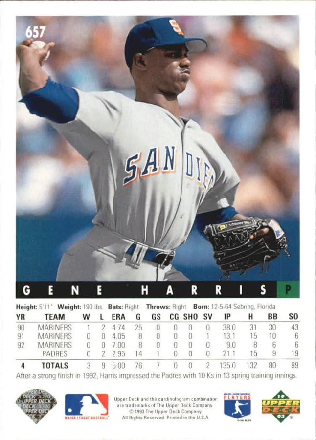 1993 Upper Deck Gene Harris Baseball Card #657