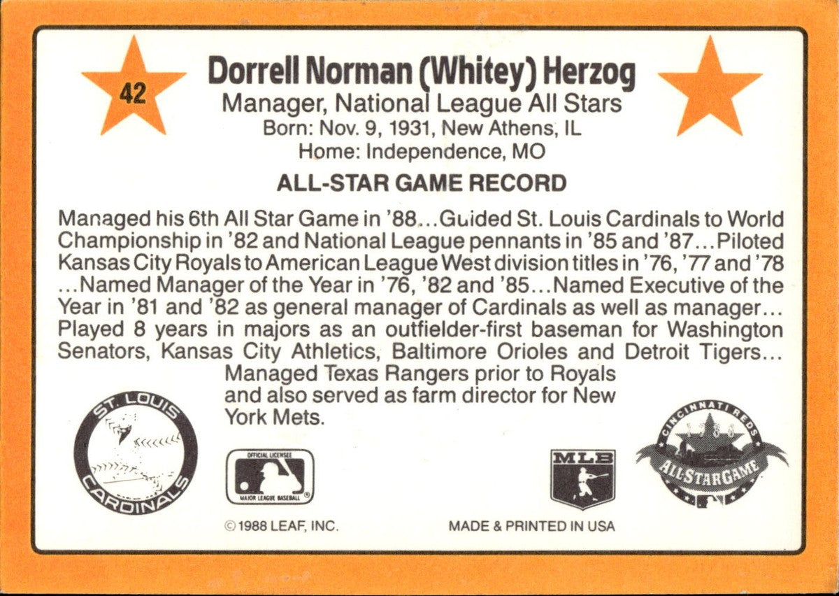 1989 Donruss Dorrell Norman (Whitey) Herzog Baseball Card #42