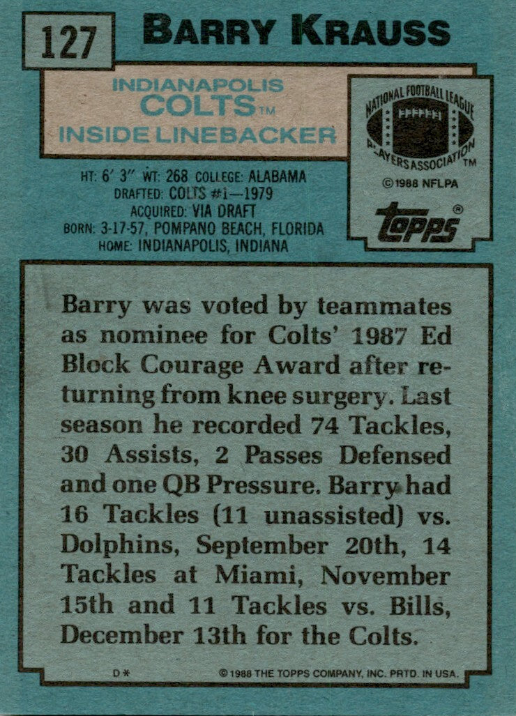 1988 Topps Barry Krauss Football Card #127