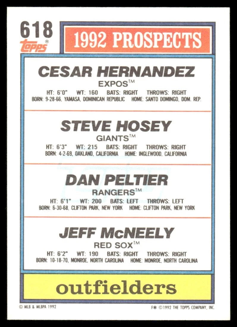 1992 Topps 1992 Prospects Cesar Hernandez, Steve Hosey, Dan Peltier, Jeff McNeely Baseball Card #618