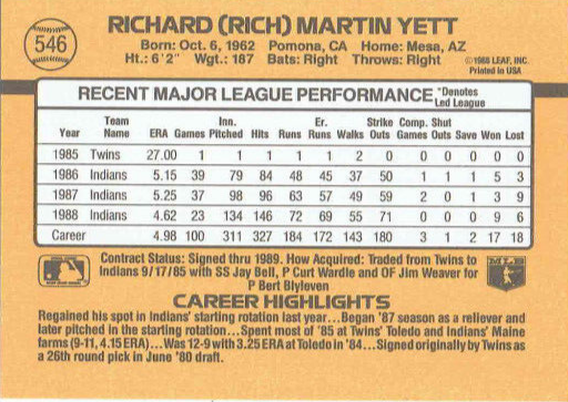 1989 Donruss Rich Yett Baseball Card #546