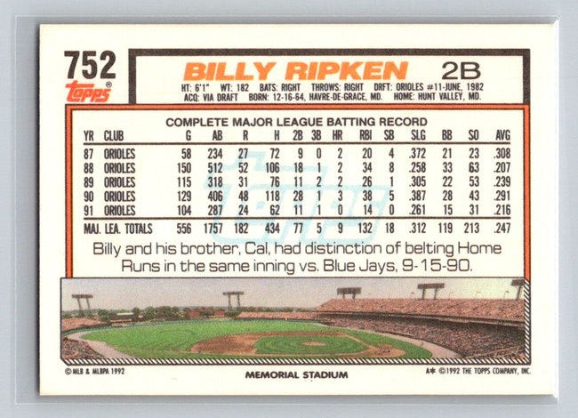 1992 Topps Billy Ripken Baseball Card #752