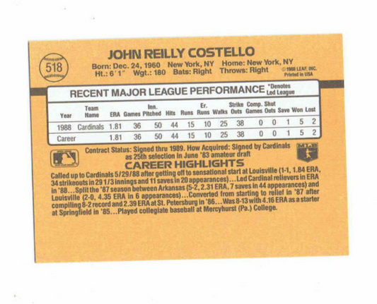 1989 Donruss John Reilly Costello Baseball Card #518