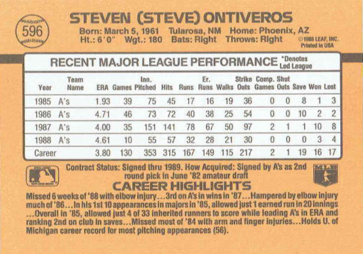 1989 Donruss Steven (Steve) Ontiveros Baseball Card #596