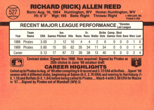 1990 Donruss Richard (Rick) Allen Reed Baseball Card #527
