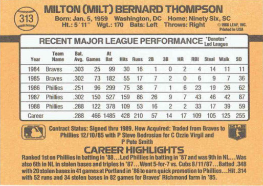 1989 Donruss Milton (Milt) Bernard Thompson Baseball Card #313