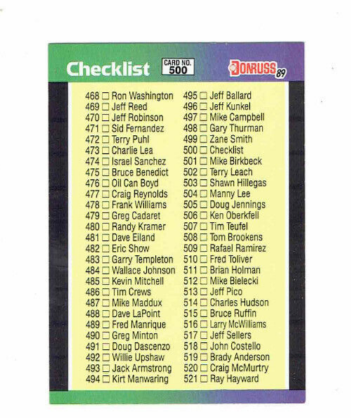 1989 Donruss Checklist 468-577 Baseball Card #500