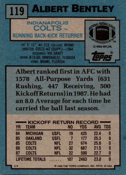 1988 Topps Albert Bentley Football Card #119