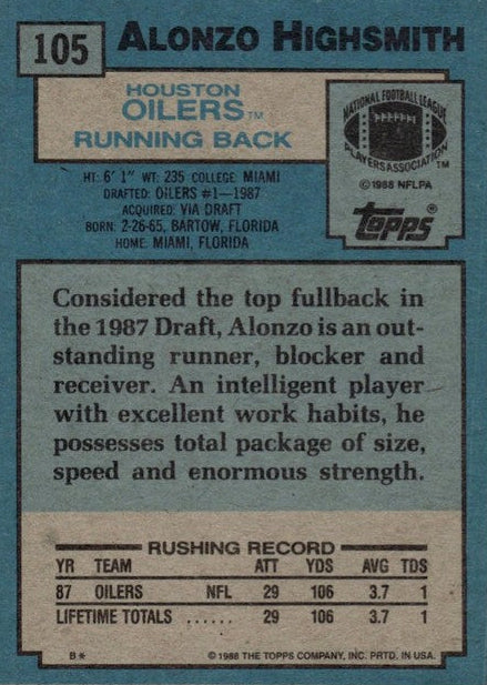 1988 Topps Alonzo Highsmith Football Card #105