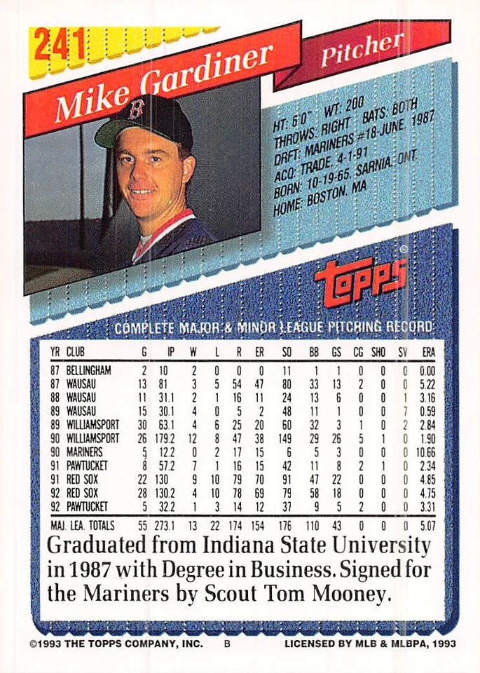 1993 Topps Mike Gardiner Baseball Card #241