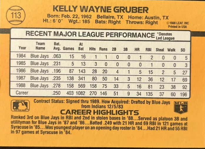 1989 Donruss Kelly Wayne Gruber Baseball Card #113