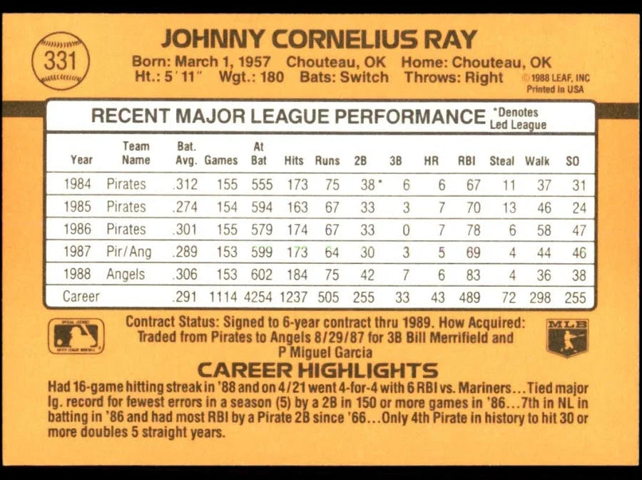 1989 Donruss Johnny Cornelius Ray Baseball Card #331