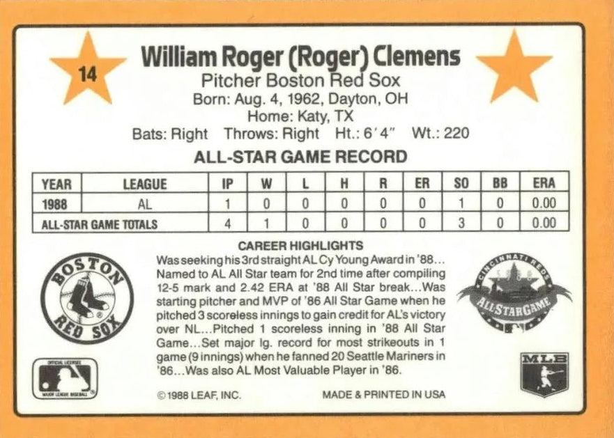 1989 Donruss William Roger (Roger) Clemens Baseball Card #14