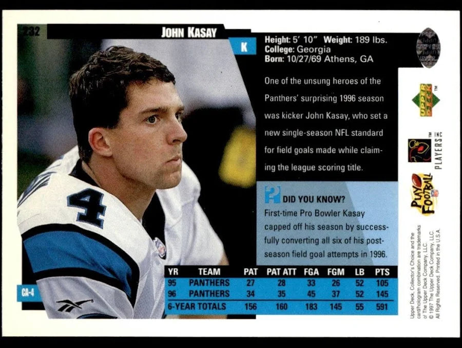 1997 Upper Deck John Kasay Football Card #232