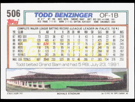 1992 Topps Todd Benzinger Baseball Card #506