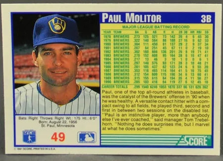 1991 Score Paul Molitor Baseball Card #49