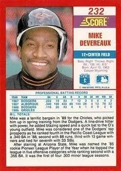 1990 Score Mike Devereaux Baseball Card #232