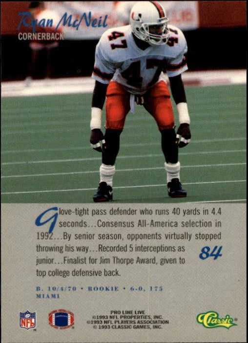 1993 Classic Pro Line Live Ryan McNeil Football Card #84
