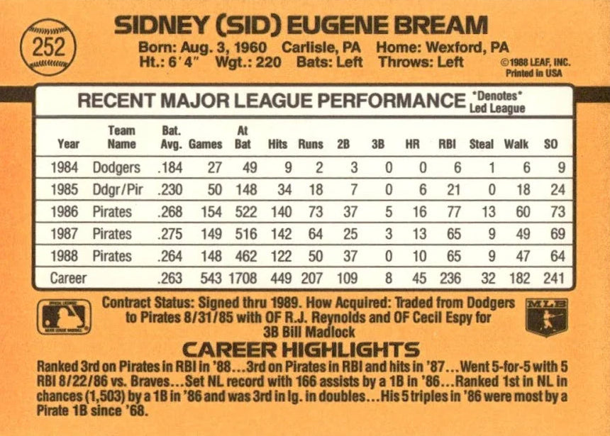 1989 Donruss Sidney (SID) Eugene Bream Baseball Card #252