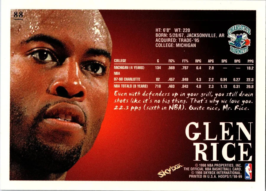 1988 Skybox Glen Rice Basketball Card #88