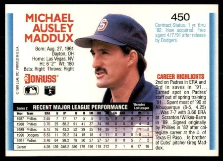 1992 Donruss Michael Ausley Maddux Baseball Card #450
