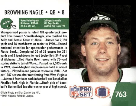 1991 NFL Pro Set Browning Nagle Football Card #763