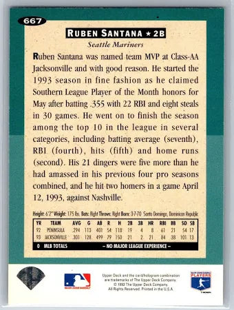1993 Upper Deck Collectors Choice Rookie Class Ruben Santana Baseball Card #667