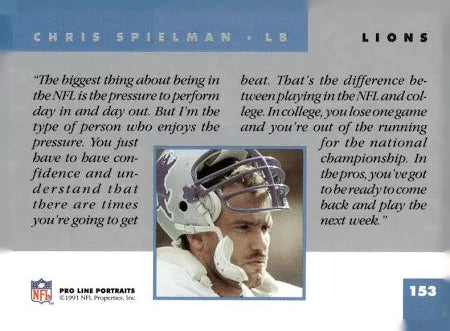 1991 NFL Pro Line Portraits Chris Spielman Football Card #153
