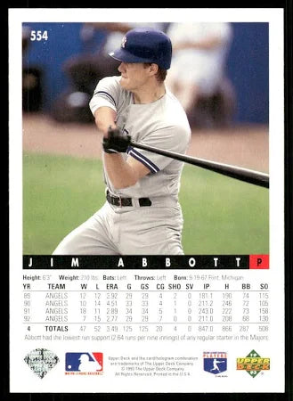 1993 Upper Deck Jim Abbott Baseball Card #554