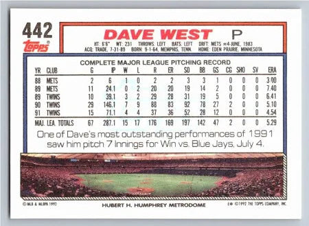 1992 Topps Dave West Baseball Card #442