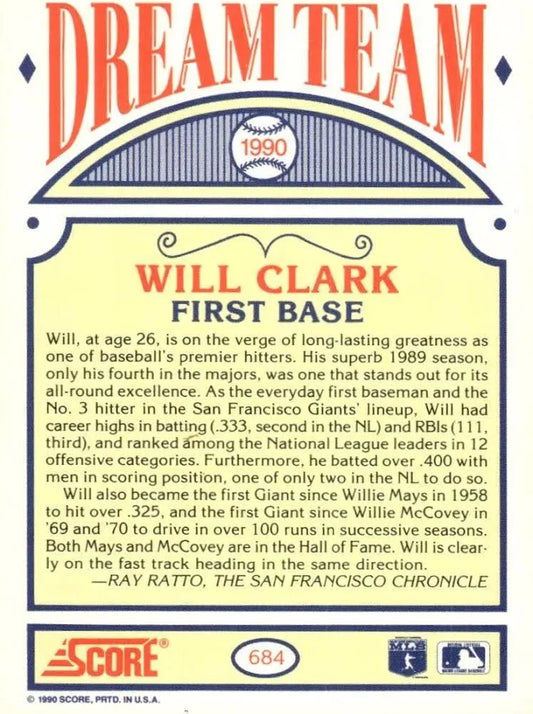 1990 Score Dream Team Will Clark Baseball Card #684