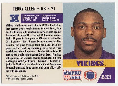 1991 NFL Pro Set Terry Allen Football Card #833